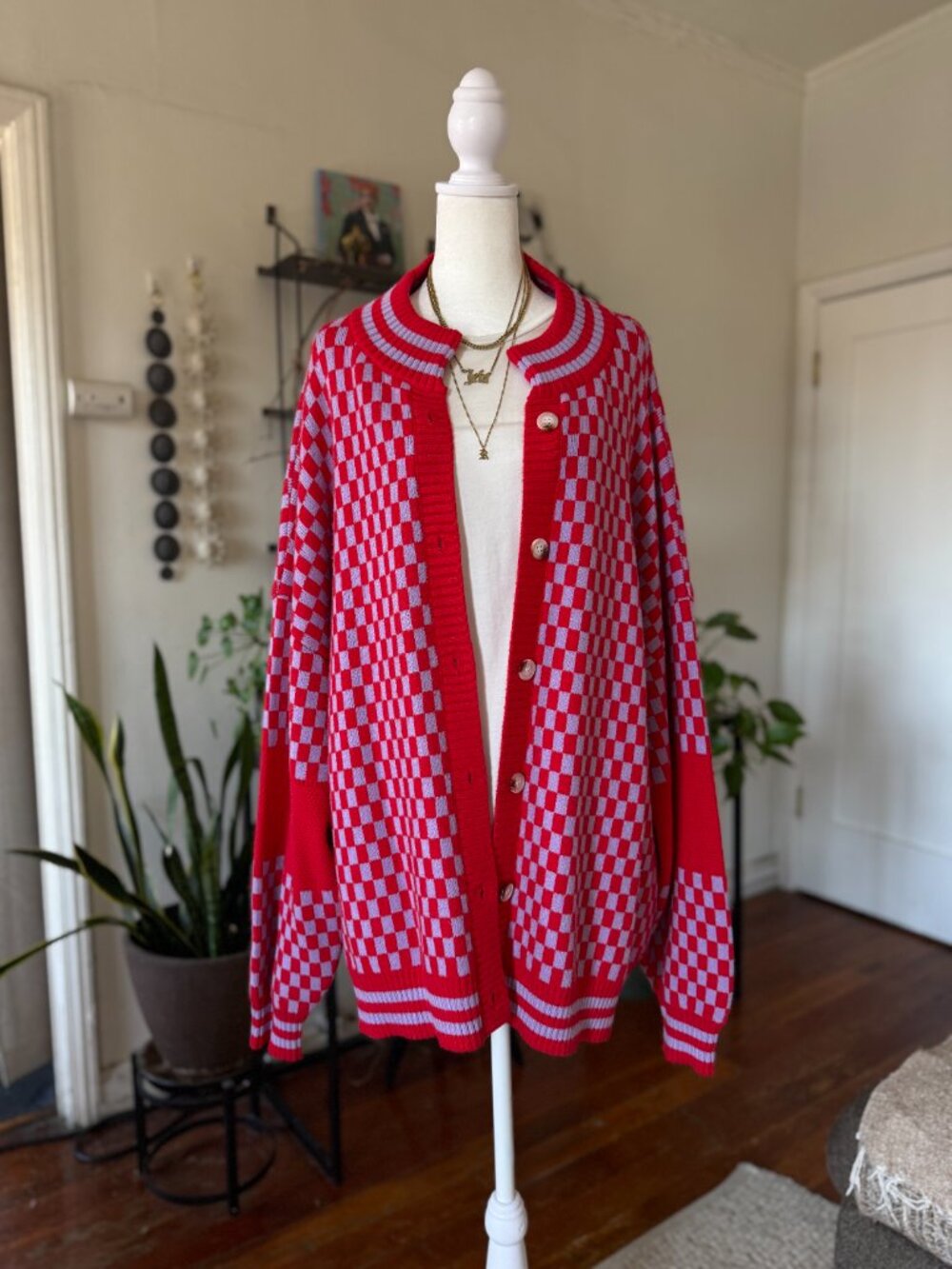 Dressed In Lala Oversized Grandpa Cardigan | Red + Lavender (L/XL) - Picture 2 of 8